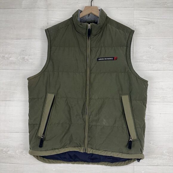 Abercrombie & Fitch Men Puffer Vest L Green Summit Rock Goose Down Full Zip
